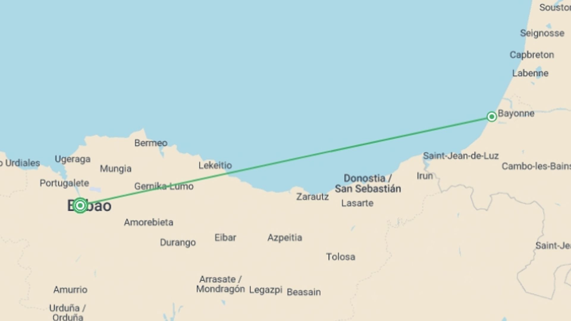 A map showing the tour itinerary for the trip: Bilbao Uncovered - 5 days, starting in Bilbao, Spain and ending in Bilbao, Spain going through 1 other destinations.