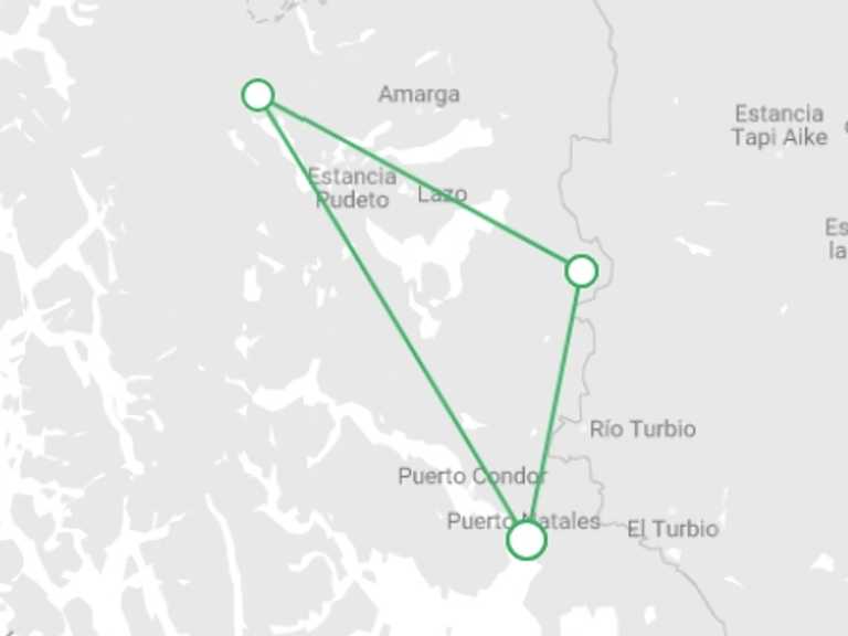 Map of Patagonia Tour with 3 destination visits for the trip: Torres del Paine W Express Trek 4D/3N (Self-Guided)