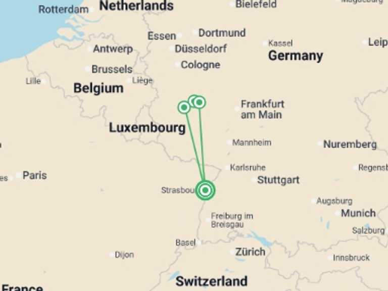 Map itinerary of Mediterranean Tour in Spring with 4 destination visits for the trip: The Rhine and Moselle Rivers