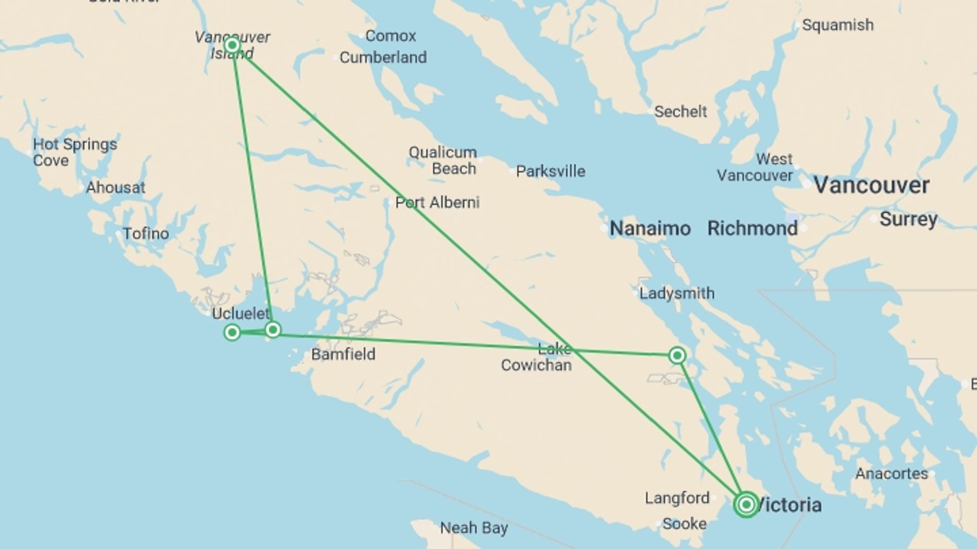 A map showing the tour itinerary for the trip: Vancouver Island: Victoria, the Broken Group Islands & Salt Spring, starting in Victoria, Canada and ending in Victoria, Canada going through 1 other destinations.