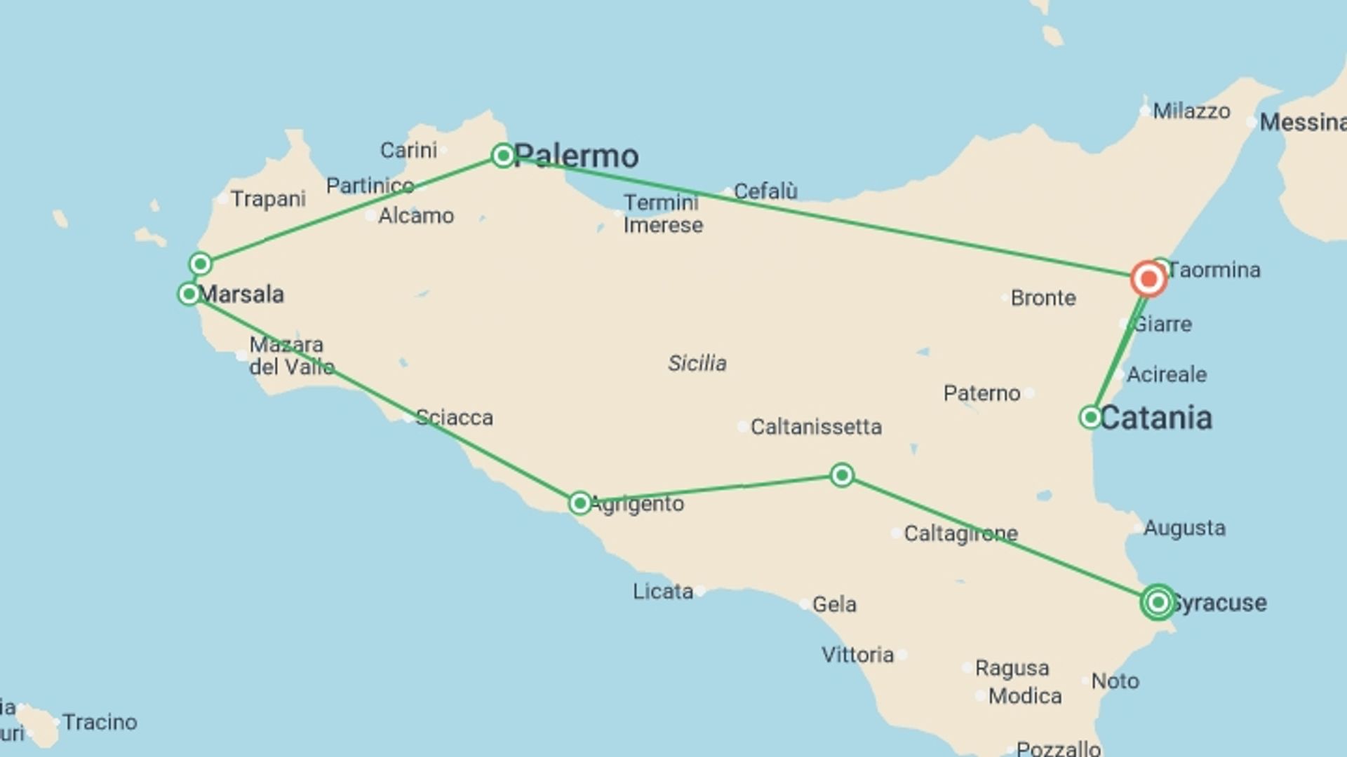 A map showing the tour itinerary for the trip: Sicily in Depth with Historian Antonio Marretta, starting in Syracuse, Italy and ending in Giardini Naxos, Italy going through 9 other destinations.