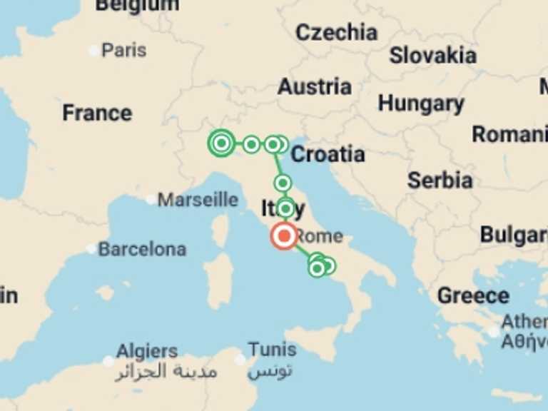 Map of Europe Tour with 7 destination visits for the trip: All About Italy