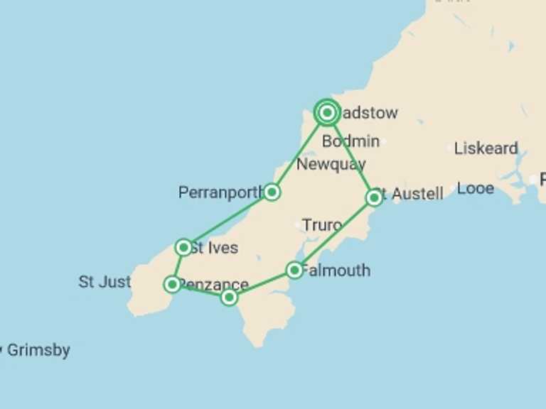 Map of a Explorer Tour with 8 destination visits for the trip: Cornish Cycle Tour