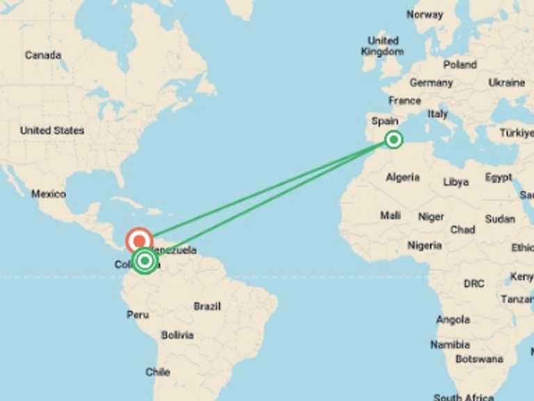 Map itinerary of South America Tour in February 2027 with 3 destination visits for the trip: 6-day Bogotá & Cartagena – Andes To Caribbean Experience, French-speaking Guide