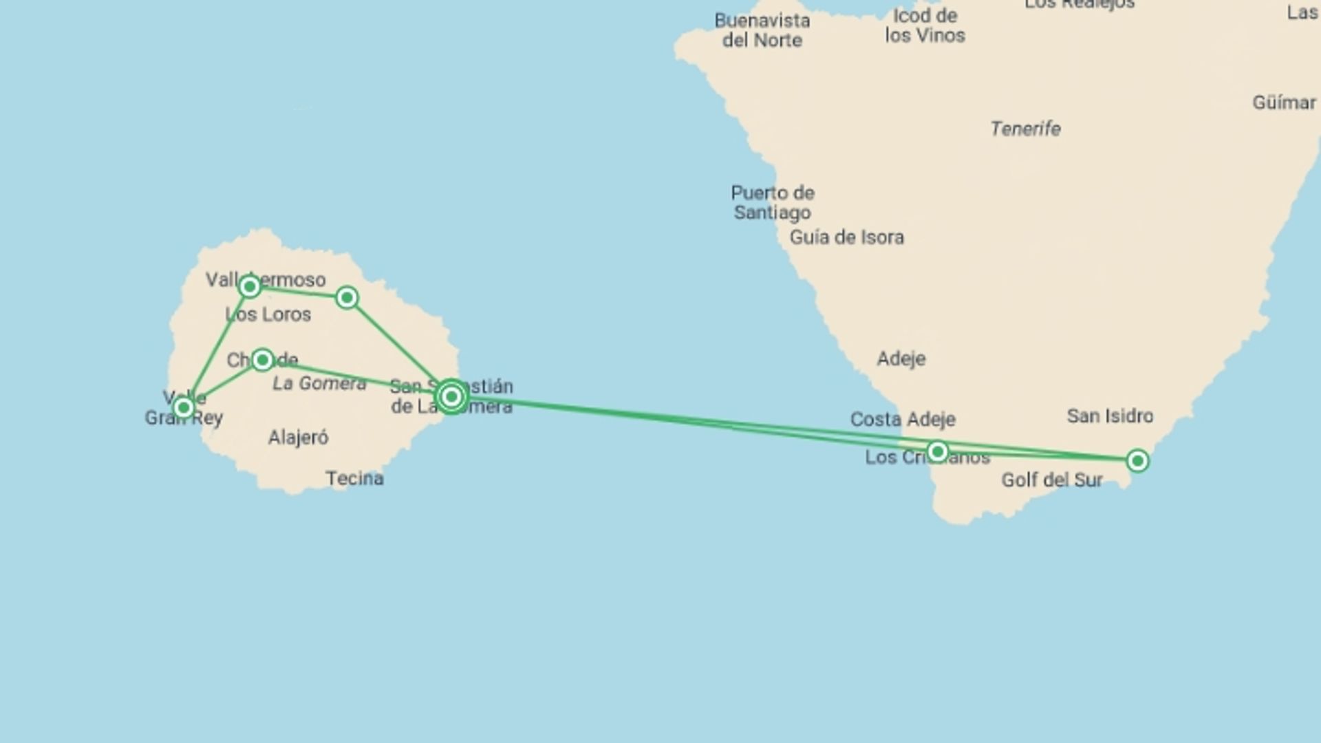 A map showing the tour itinerary for the trip: 8 Days / 7 Nights - Hiking Highlights Of La Gomera, starting in San Sebastián de La Gomera, Spain and ending in San Sebastián de La Gomera, Spain going through 6 other destinations.