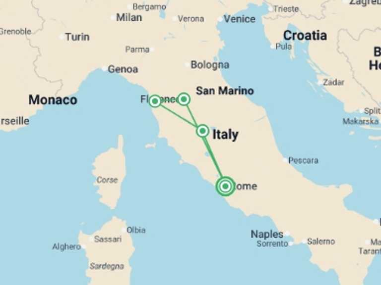 Map itinerary of Italy Tour in August 2026 with 4 destination visits for the trip: Central Italy Discovery - 6 days