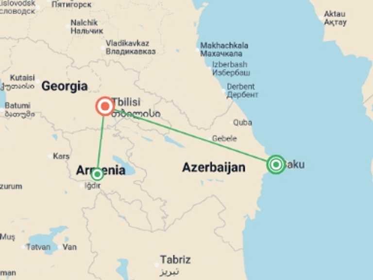 Map of Europe Tour with 3 destination visits for the trip: Caucasus Countries (7 days)