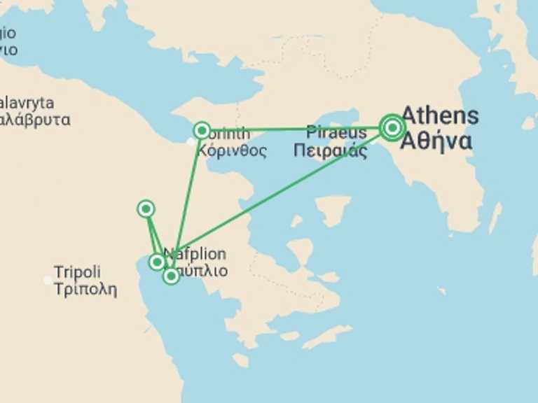 Map of a Active and outdoor Tour with 6 destination visits for the trip: East Peloponnese E-Bike Tour