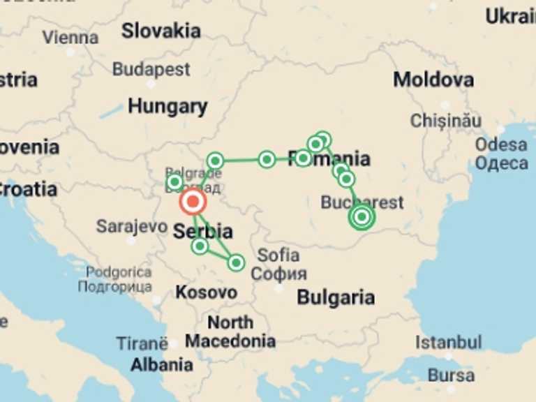 Map itinerary of Sighisoara Tour in January 2026 with 7 destination visits for the trip: Romanian and Serbian Treasures