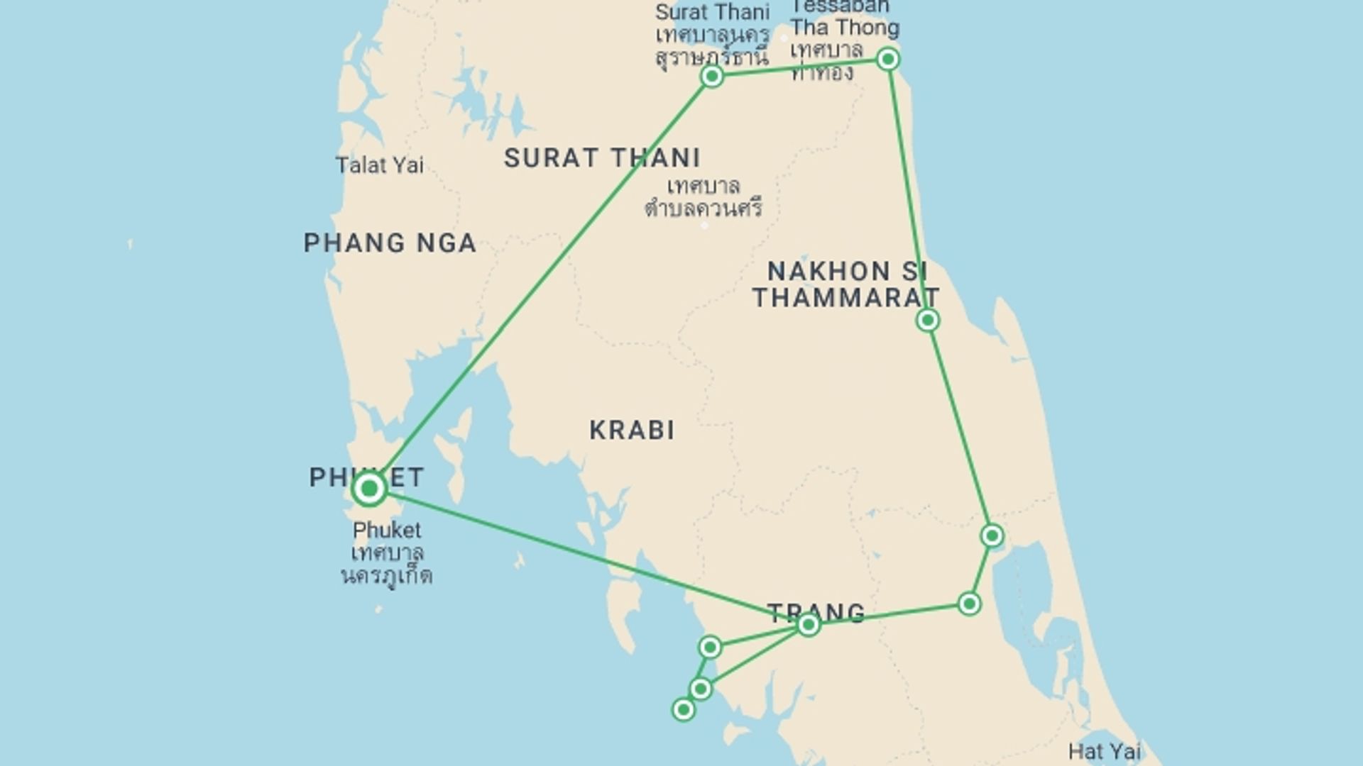 A map showing the tour itinerary for the trip: Andaman To Gulf, Small Group Tour, starting in Phuket, Thailand and ending in Phuket, Thailand going through 5 other destinations.