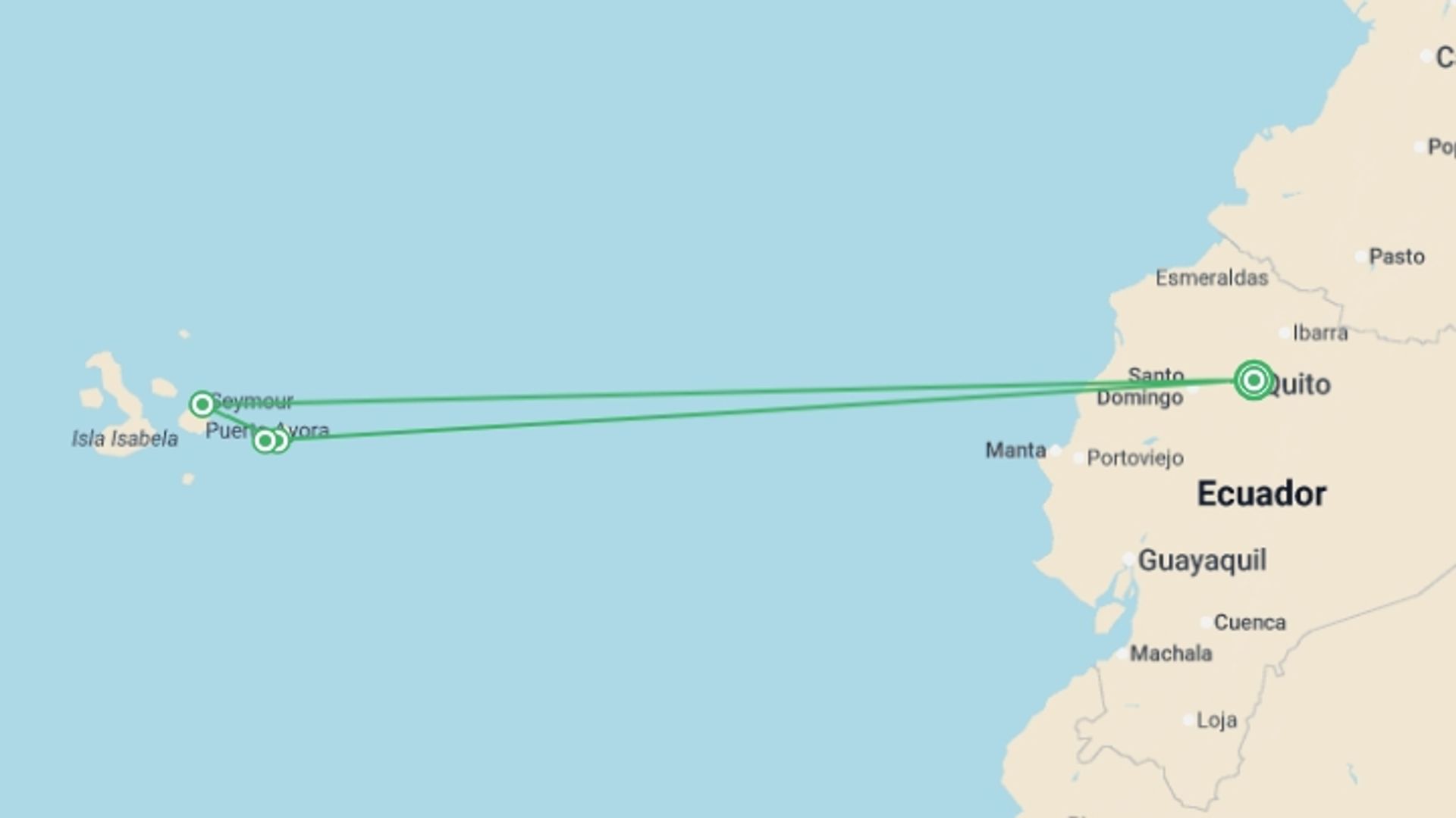A map showing the tour itinerary for the trip: Galapagos Essentials, starting in Quito, Ecuador and ending in Quito, Ecuador going through 3 other destinations.