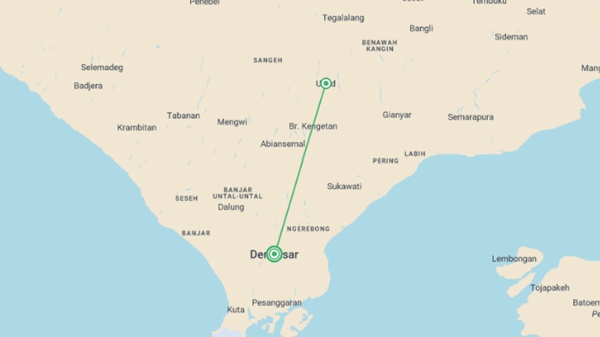 A map showing the tour itinerary for the trip: Unforgettable Bali, Private Tour, starting in Denpasar, Indonesia and ending in Denpasar, Indonesia going through 1 other destinations.