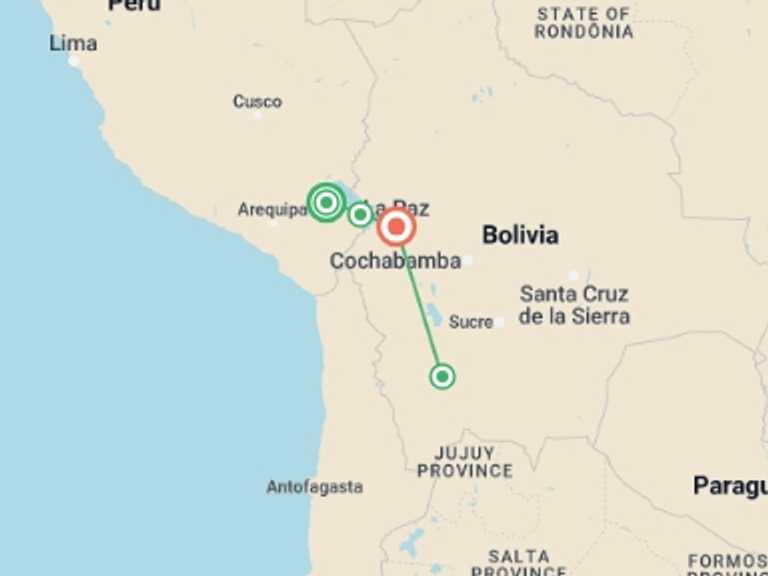 Map of a Local culture Tour with 4 destination visits for the trip: Mystical Tours of Peru and Bolivia