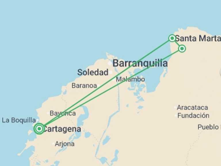 Map of Colombia Tour with 3 destination visits for the trip: One Week in Colombia