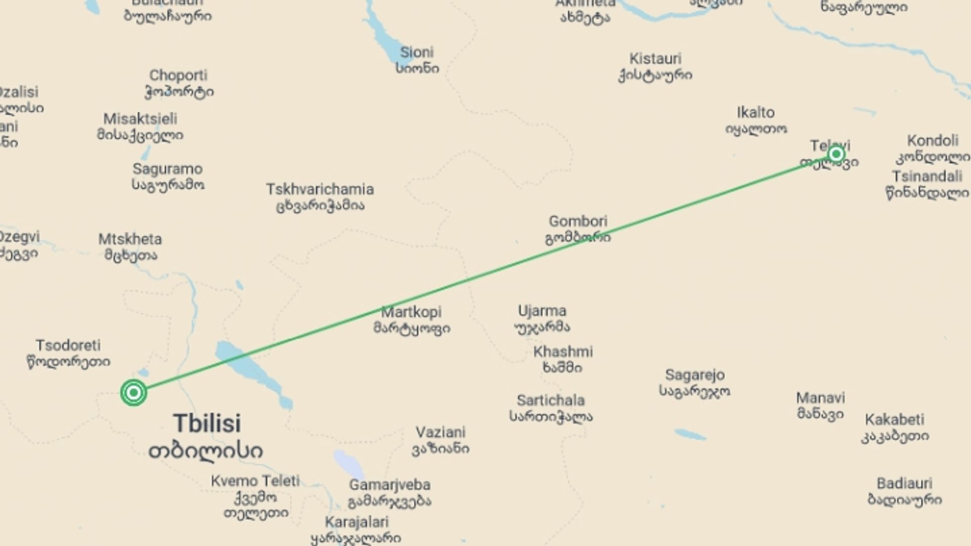 A map showing the tour itinerary for the trip: A Taste of Georgia - Tbilisi to the Caucasus Mountains, starting in Tbilisi, Georgia and ending in Tbilisi, Georgia going through 1 other destinations.