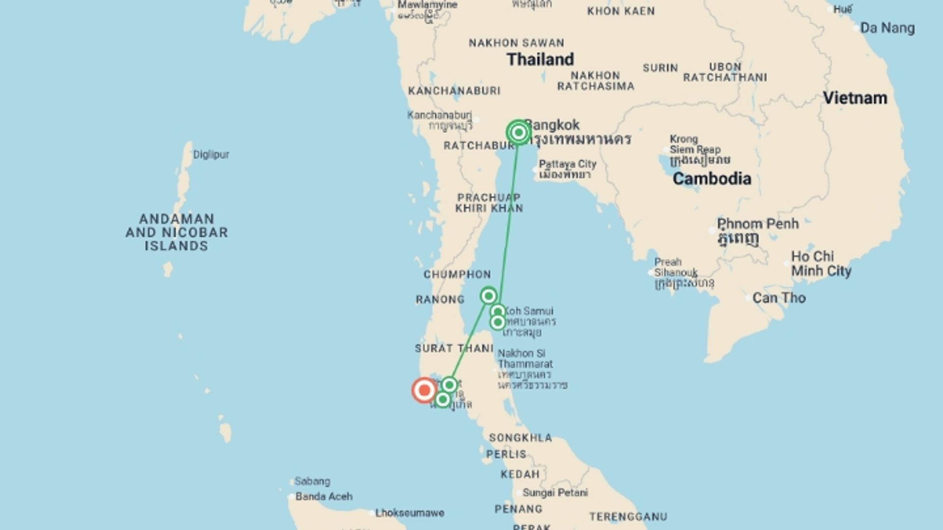 A map showing the tour itinerary for the trip: Thai Island Explorer, starting in Bangkok, Thailand and ending in Phuket, Thailand going through 7 other destinations.
