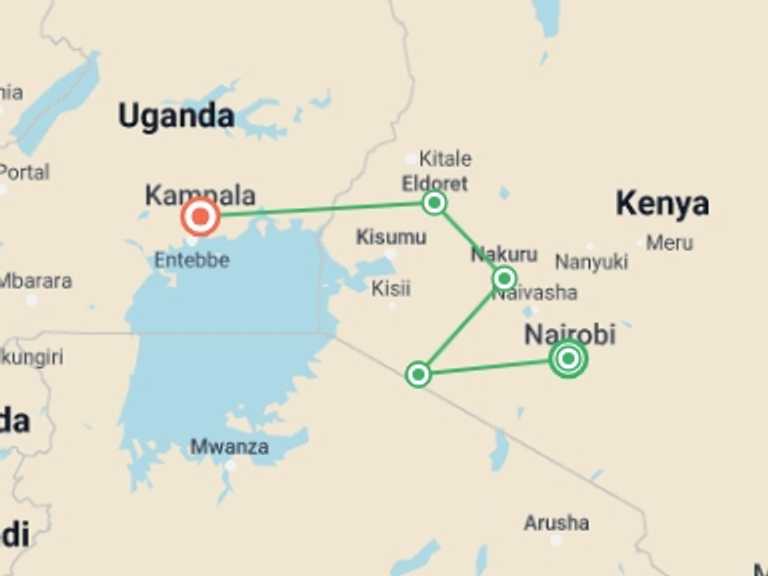 Map itinerary of Africa Tour in Fall with 5 destination visits for the trip: Kenya Overland: Safari Drives & National Reserves