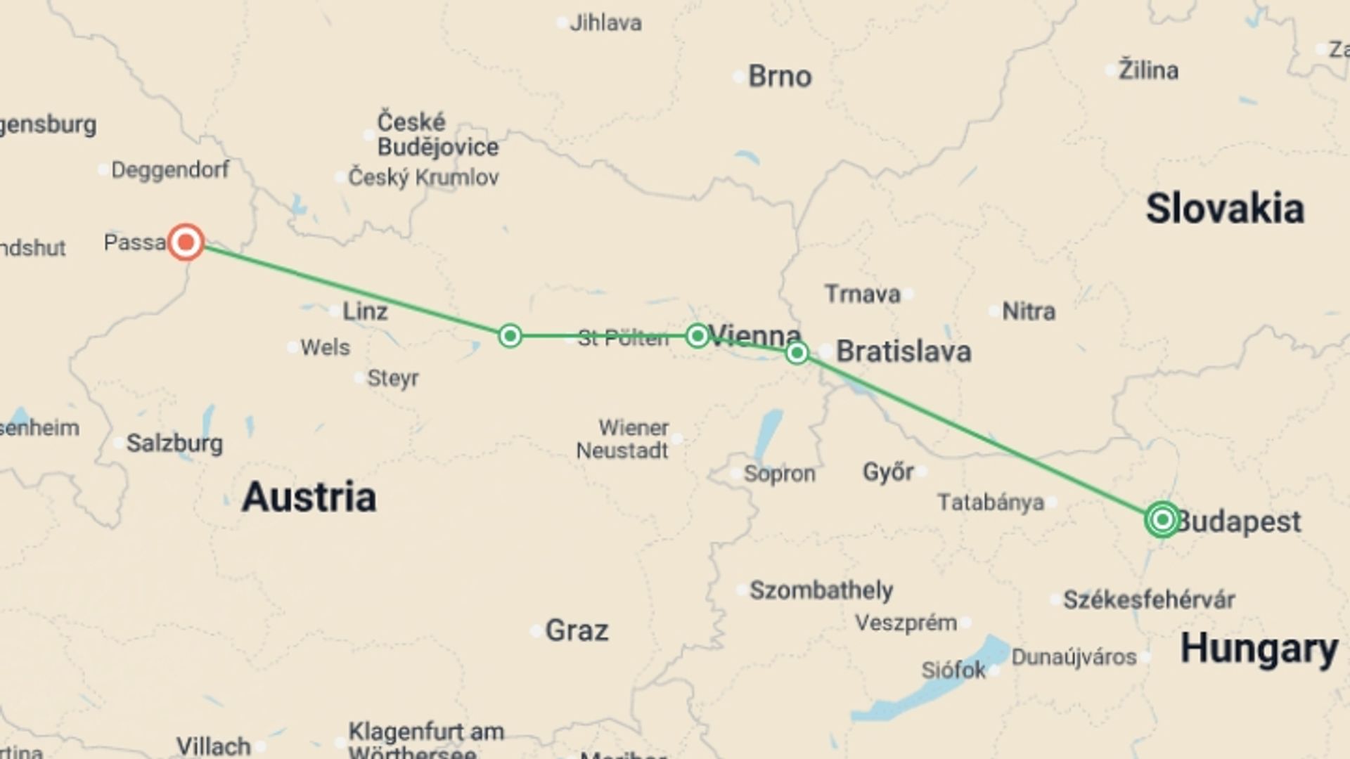 A map showing the tour itinerary for the trip: The Beautiful Blue Danube (port-to-port cruise), starting in Budapest, Hungary and ending in Passau, Germany going through 2 other destinations.
