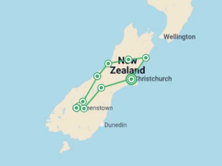 Map of Oceania Tour with 6 destination visits for the trip: New Zealand South Island: Alps & Adrenaline