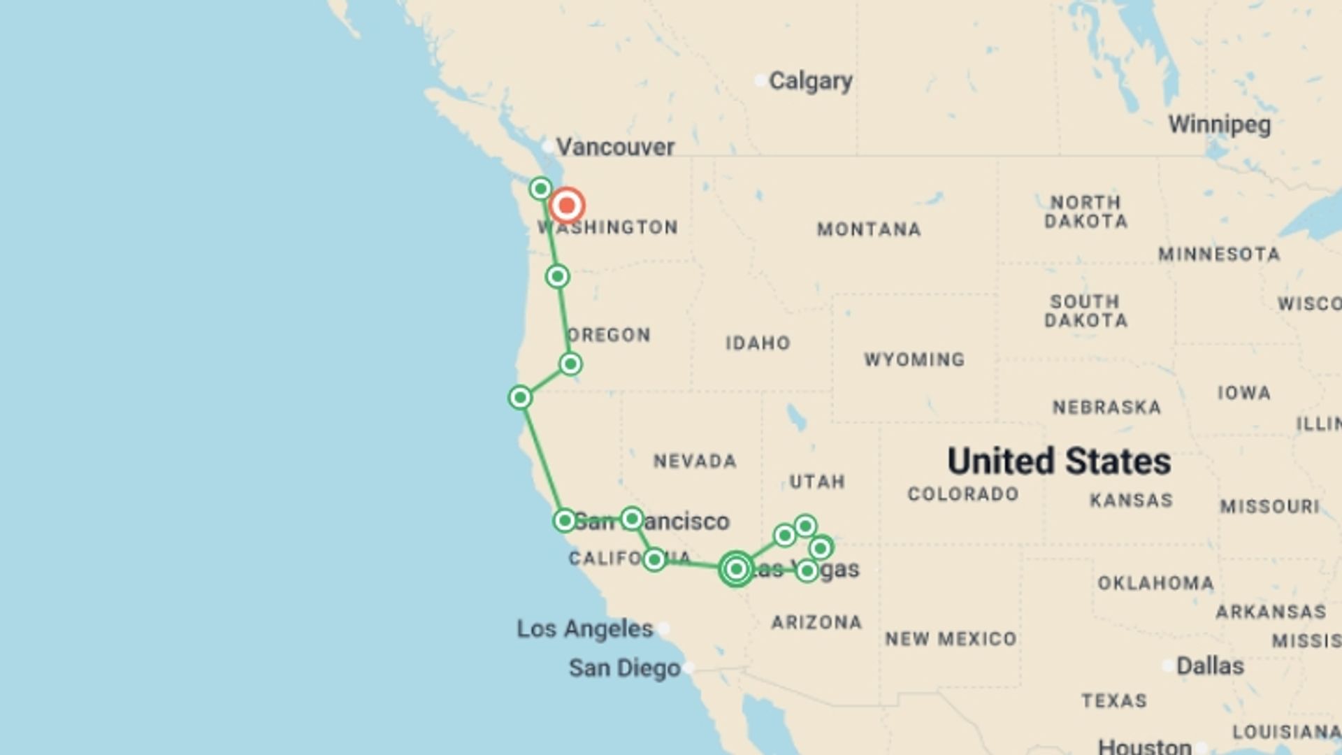 A map showing the tour itinerary for the trip: Western USA Encompassed, starting in Las Vegas, USA and ending in Seattle, USA going through 11 other destinations.