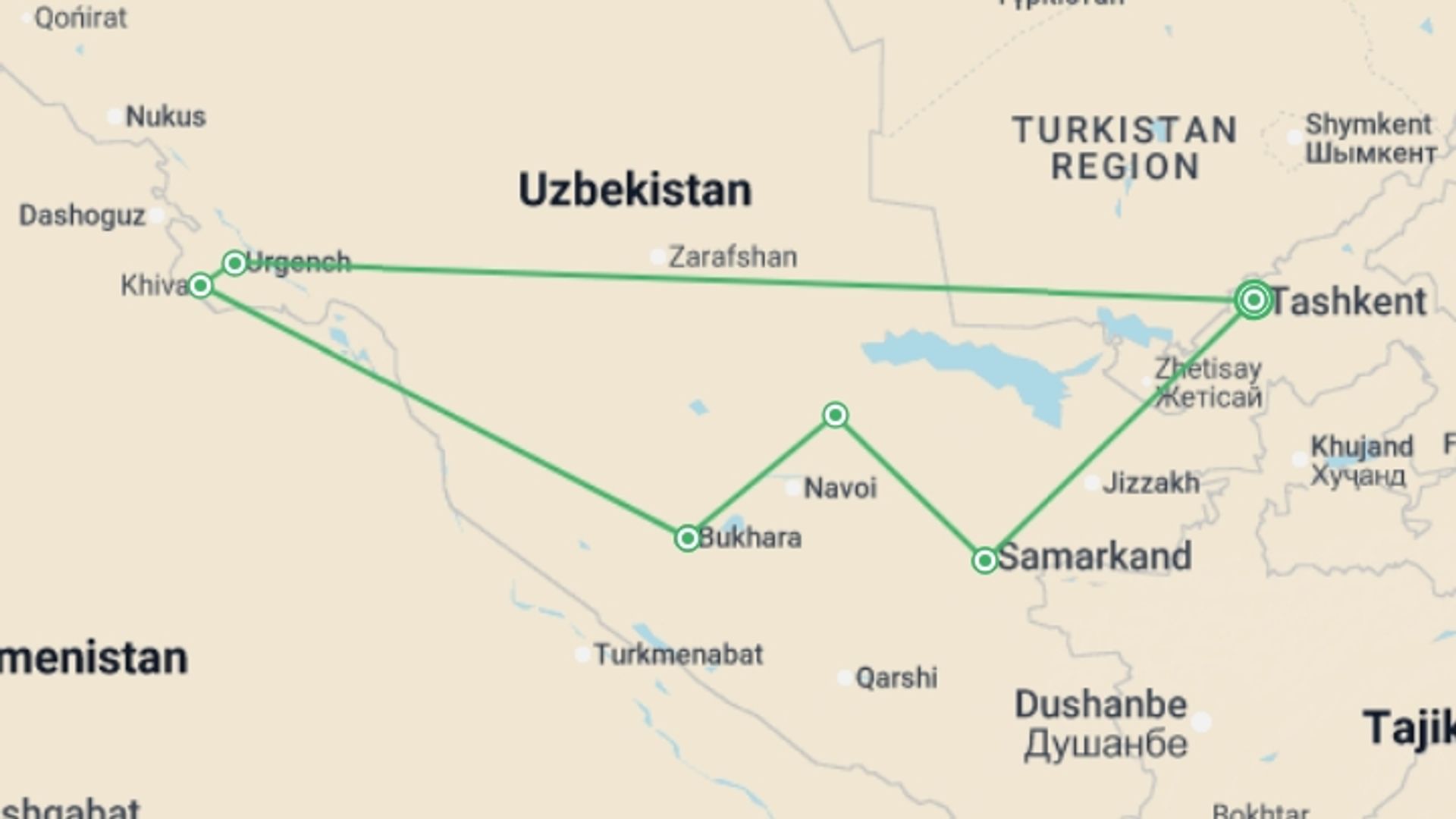 A map showing the tour itinerary for the trip: The Silk Road of Uzbekistan, starting in Tashkent, Uzbekistan and ending in Tashkent, Uzbekistan going through 5 other destinations.