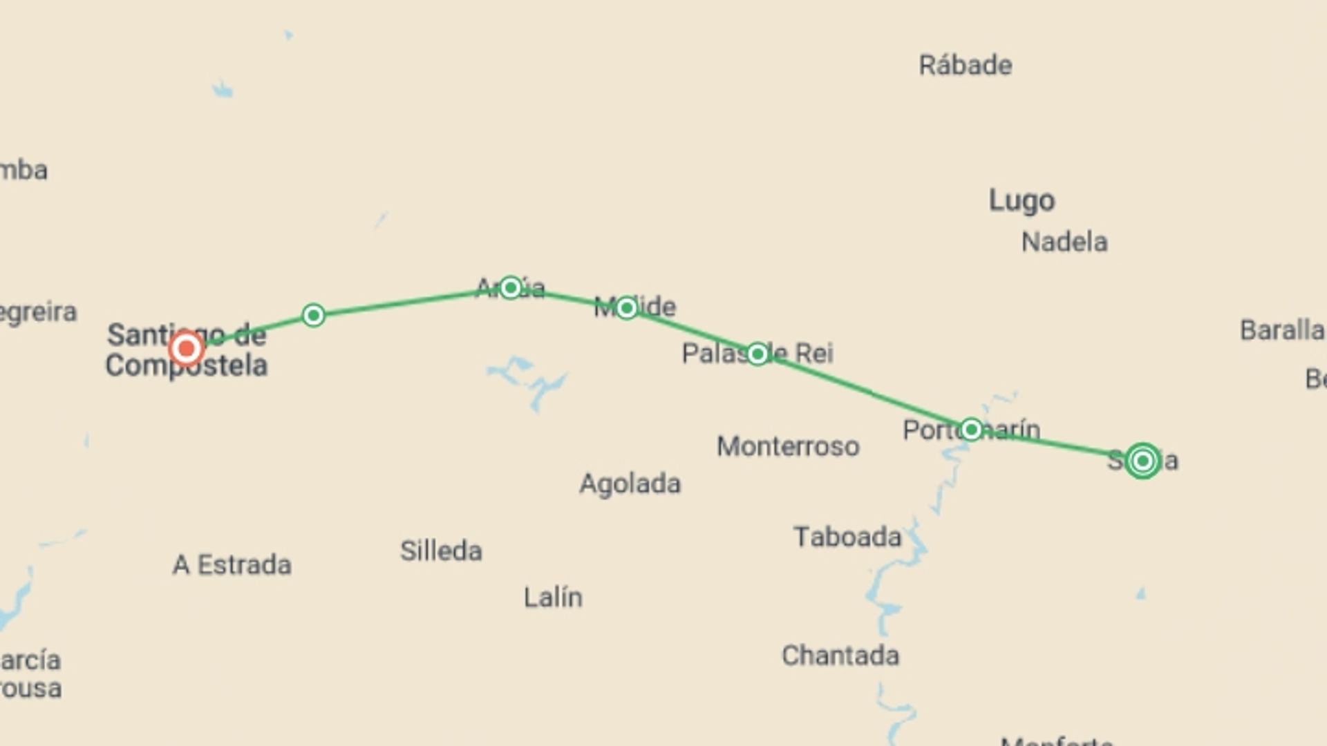 A map showing the tour itinerary for the trip: Walk the Camino de Santiago, starting in Sarria, Spain and ending in Santiago De Compostela, Spain going through 6 other destinations.