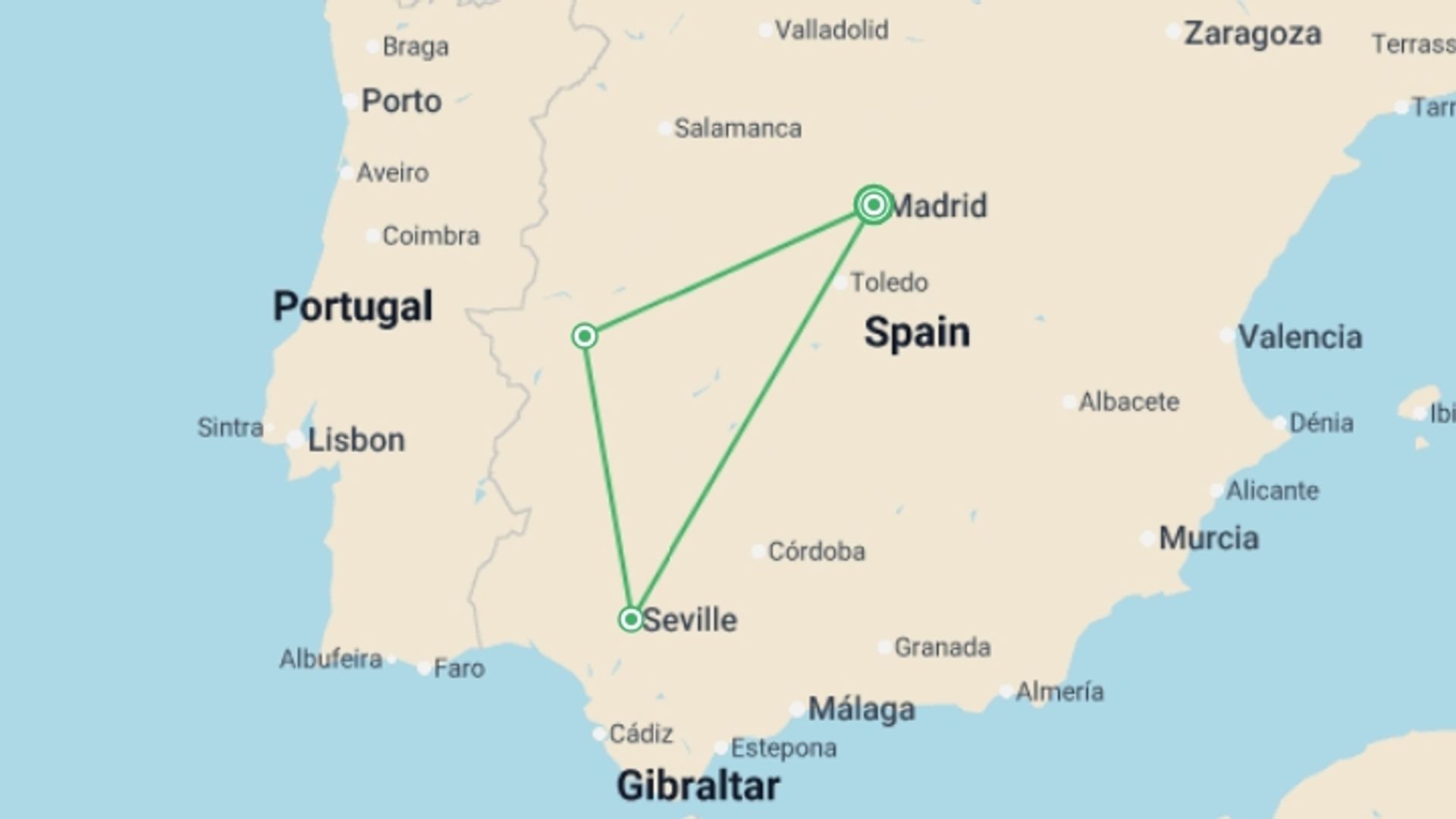 A map showing the tour itinerary for the trip: 2-day Merida And Seville From Madrid (c-421), starting in Madrid, Spain and ending in Madrid, Spain going through 1 other destinations.