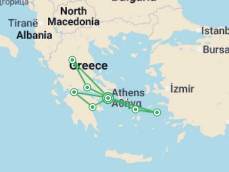 Map of Mediterranean Tour with 6 destination visits for the trip: Athens, the Beautiful Aegean and Complete Greece Int