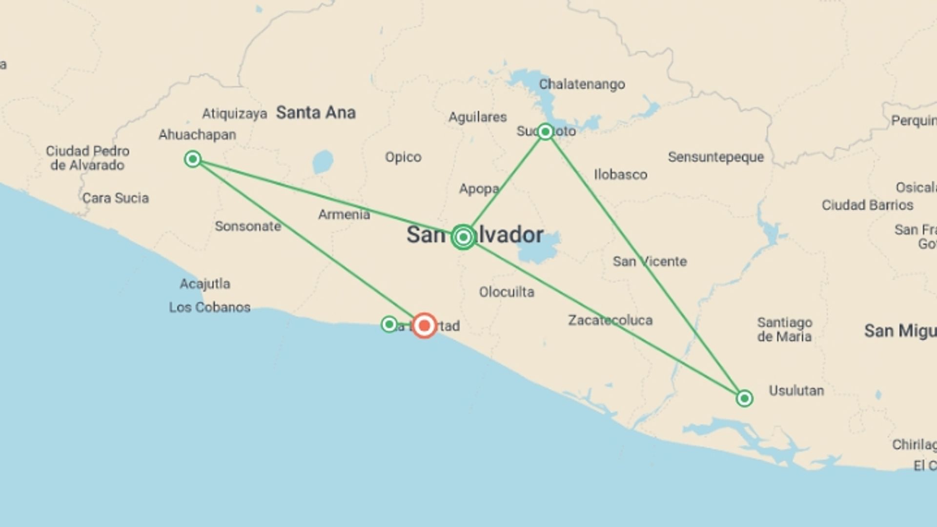 A map showing the tour itinerary for the trip: Highlights of El Salvador, starting in San Salvador, El Salvador and ending in La Libertad, El Salvador going through 4 other destinations.