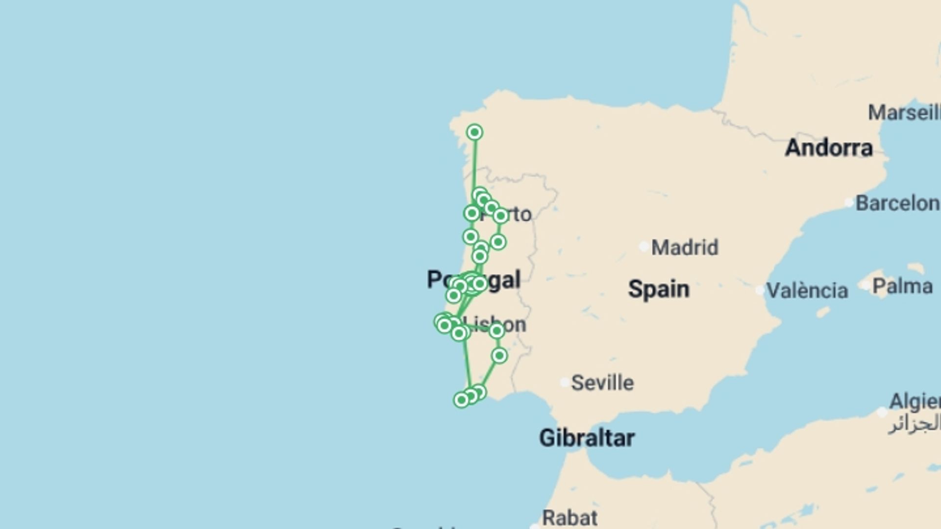 A map showing the tour itinerary for the trip: The Best Of Portugal, starting in Fátima, Portugal and ending in Fátima, Portugal going through 5 other destinations.