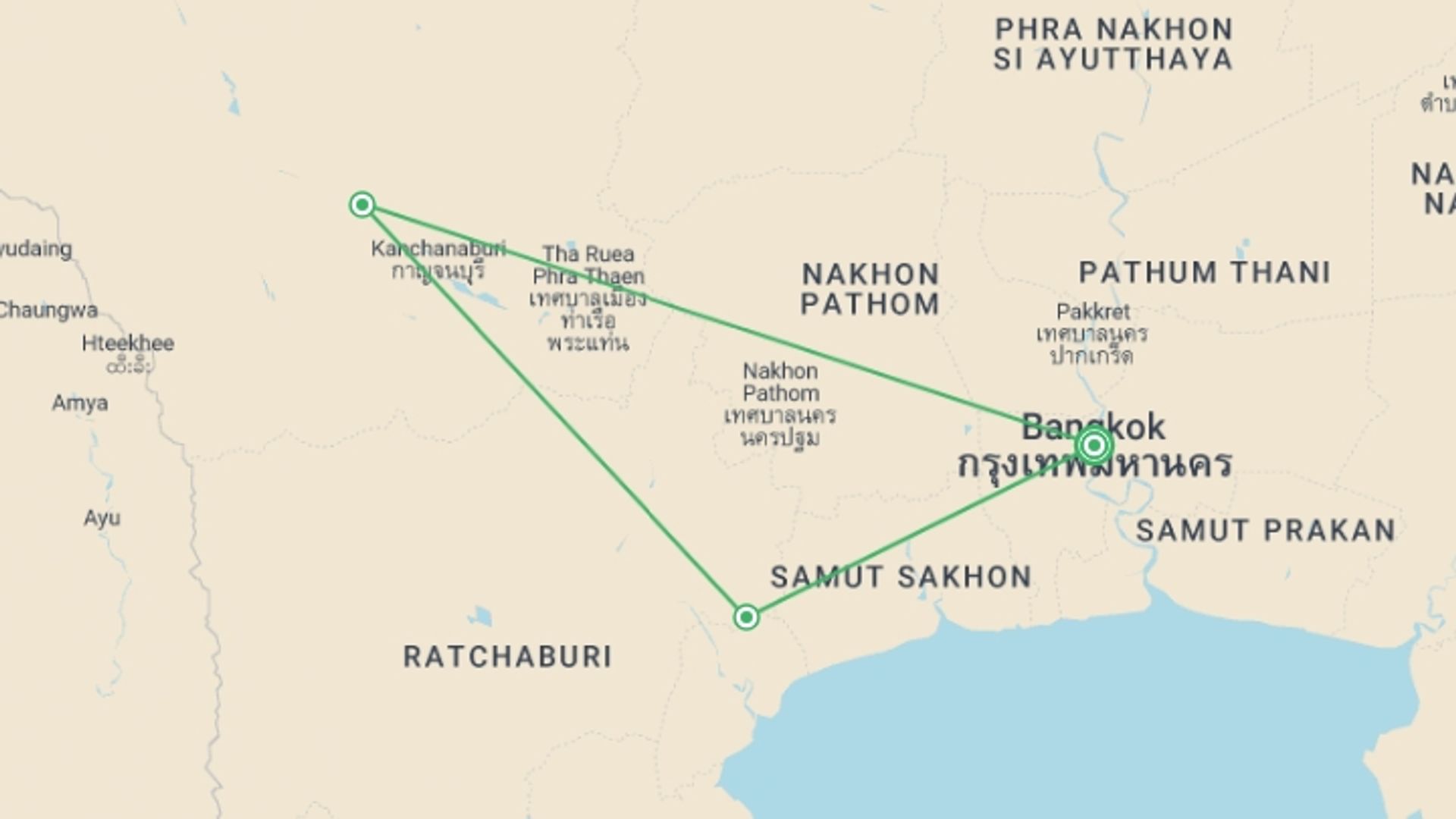 A map showing the tour itinerary for the trip: 6 Days The Ultimate Bangkok Adventure, starting in Bangkok, Thailand and ending in Bangkok, Thailand going through 3 other destinations.