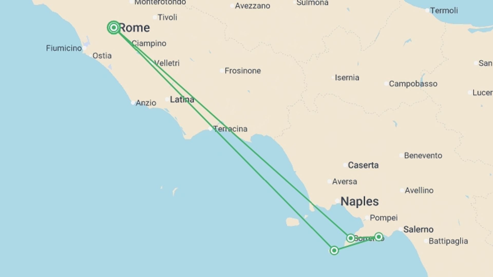 A map showing the tour itinerary for the trip: Amalfi Coast Highlights Tour from Rome, starting in Rome, Italy and ending in Rome, Italy going through 3 other destinations.
