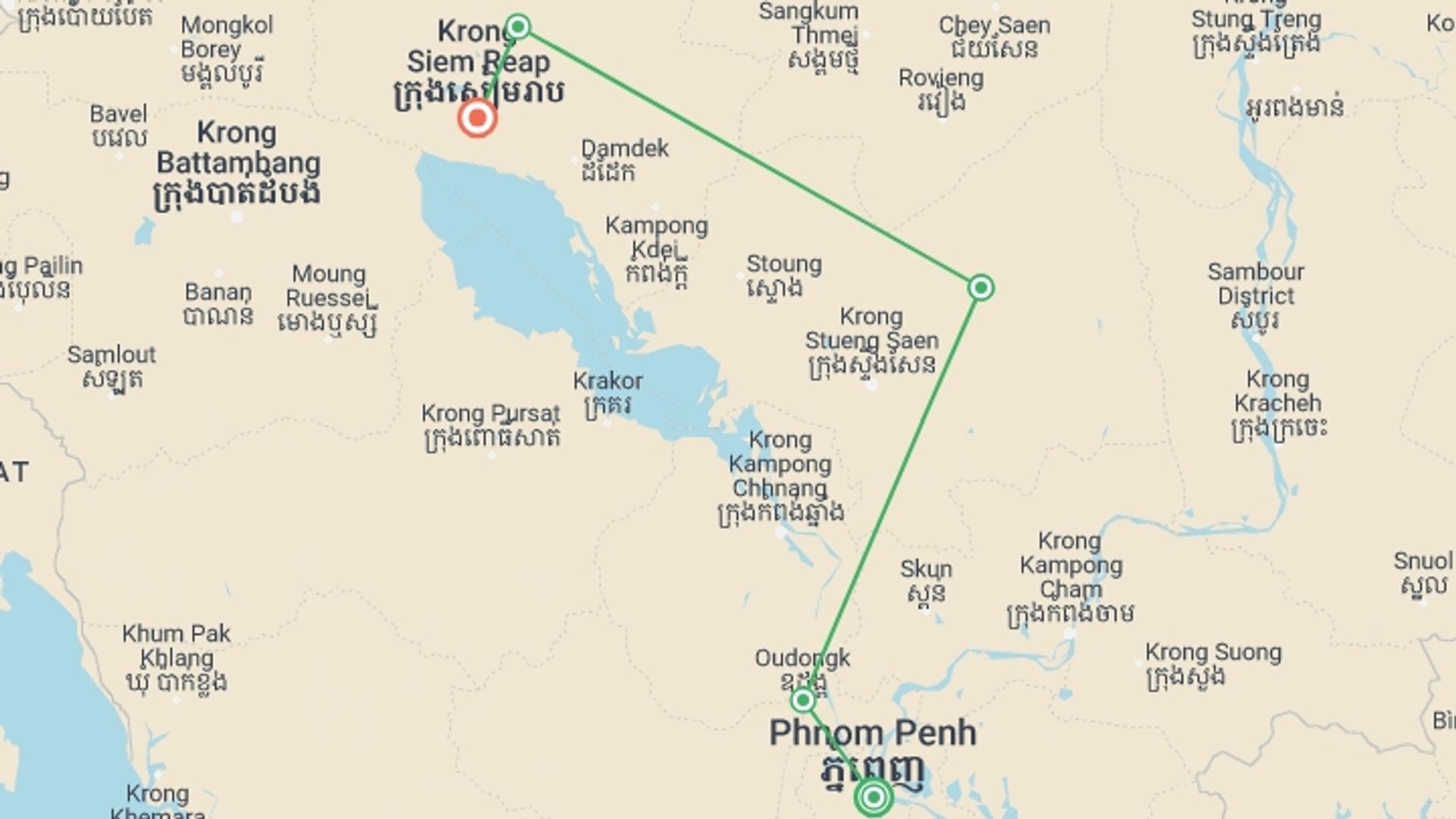 A map showing the tour itinerary for the trip: Cambodia Heritage by Bicycle, starting in Phnom Penh, Cambodia and ending in Siem Reap, Cambodia going through 3 other destinations.