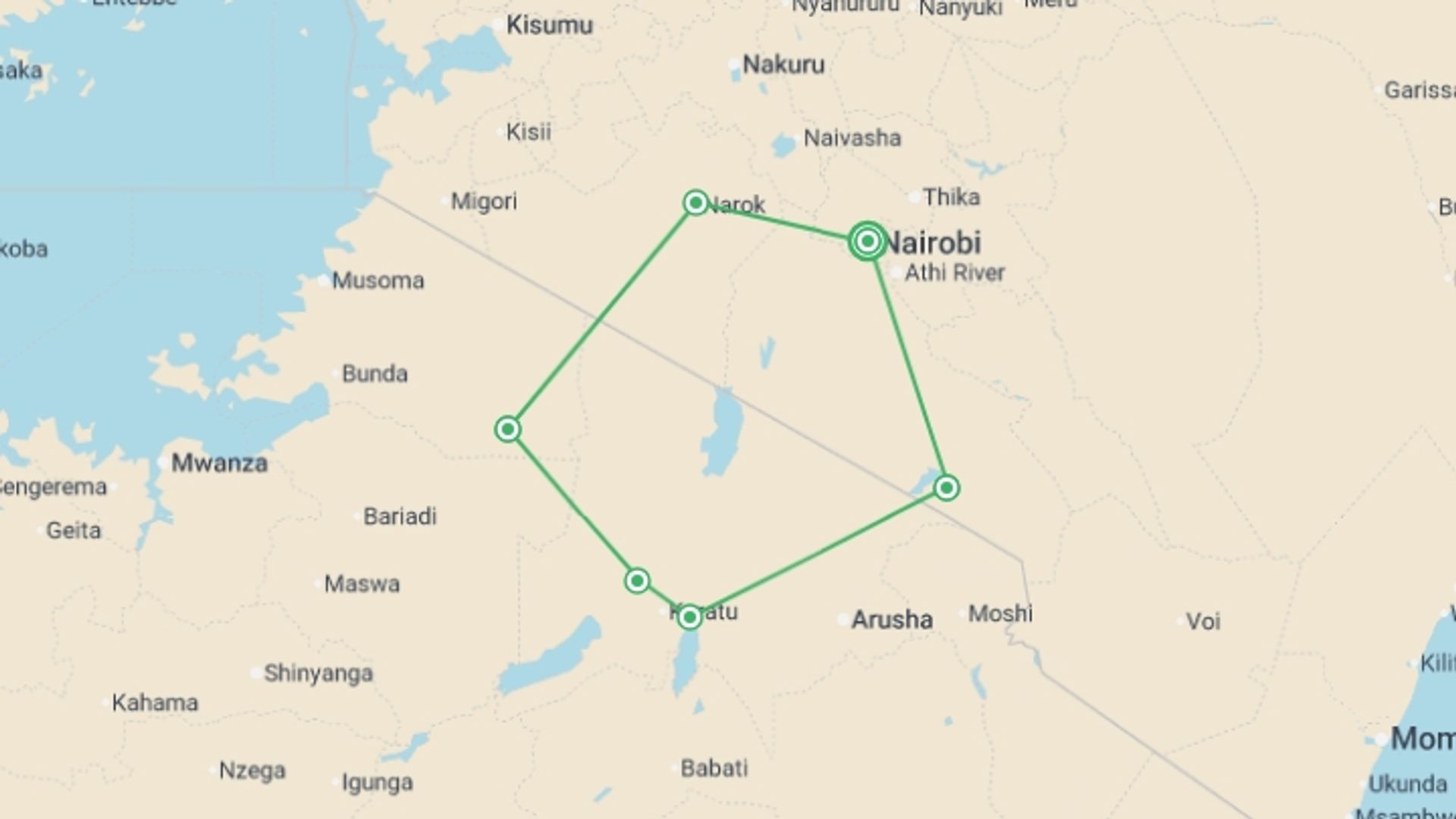 A map showing the tour itinerary for the trip: The Best of East Africa - 12 days, starting in Nairobi, Kenya and ending in Nairobi, Kenya going through 5 other destinations.