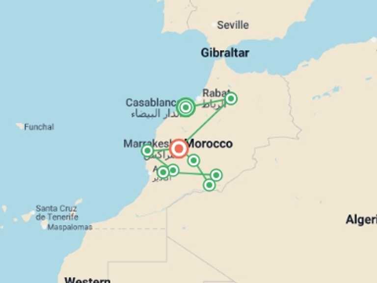 Map itinerary of Africa Tour in August 2026 with 10 destination visits for the trip: Journeys: Morocco in Depth
