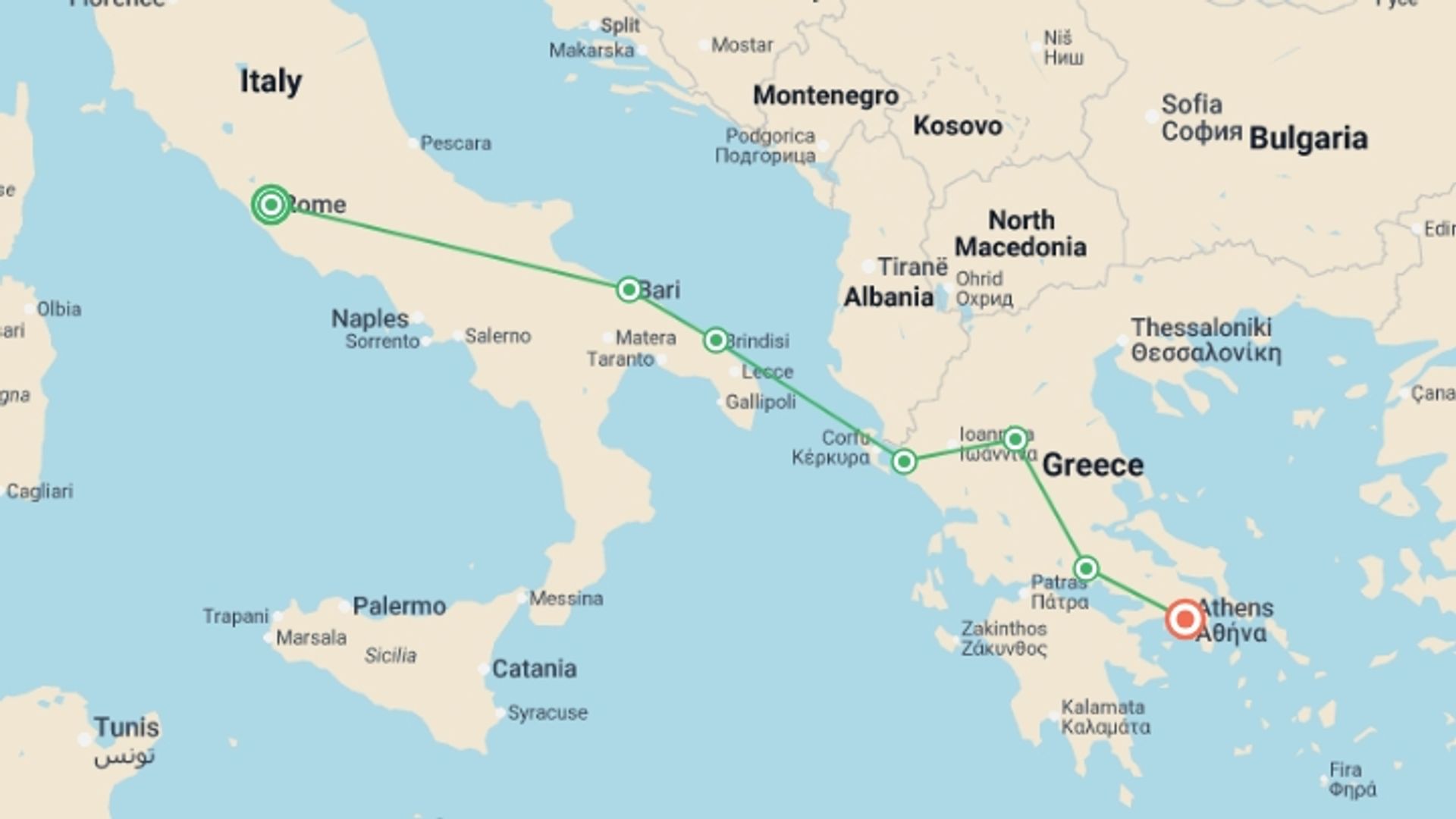 A map showing the tour itinerary for the trip: Rome, Puglia and Meteoras, starting in Rome, Italy and ending in Athens, Greece going through 3 other destinations.