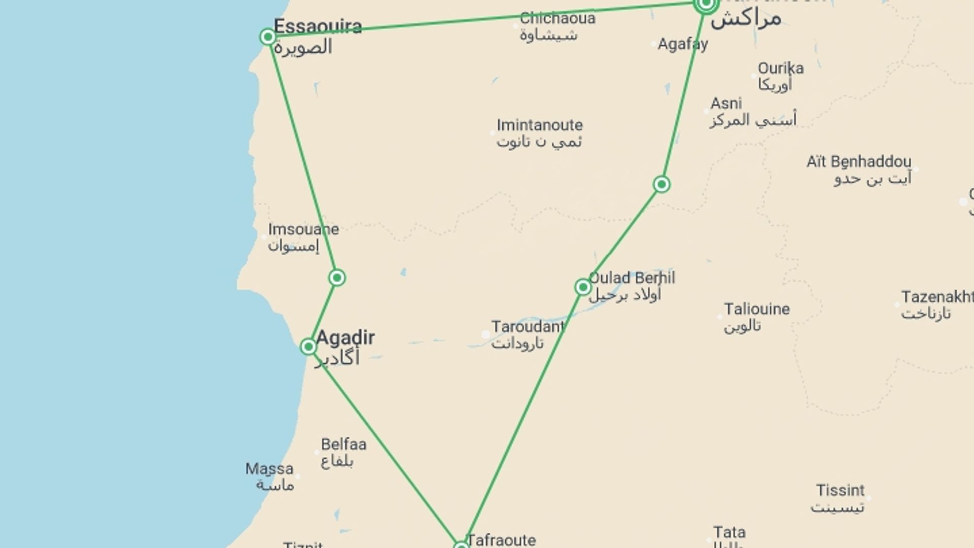 A map showing the tour itinerary for the trip: Cycle Morocco's Great South, starting in Marrakech, Morocco and ending in Marrakech, Morocco going through 6 other destinations.