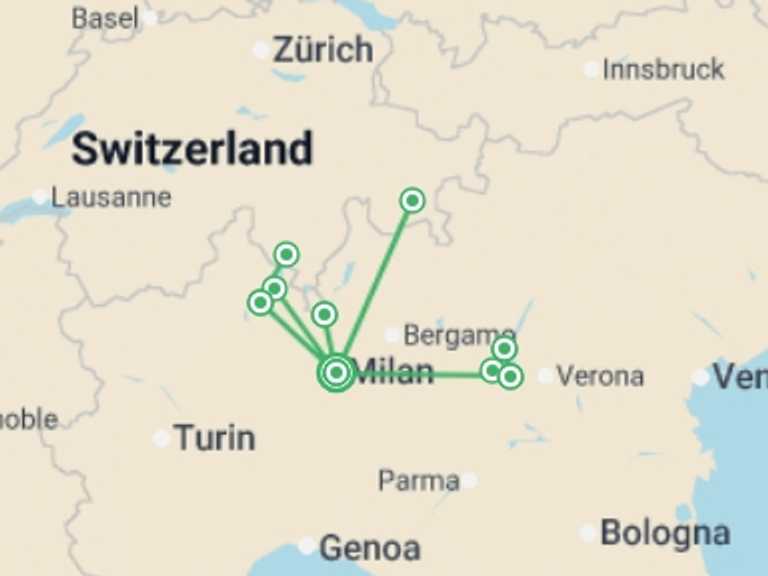 Map itinerary of Milan Tour in September 2025 with 6 destination visits for the trip: Lake Maggiore, Como & Garda - 12 days