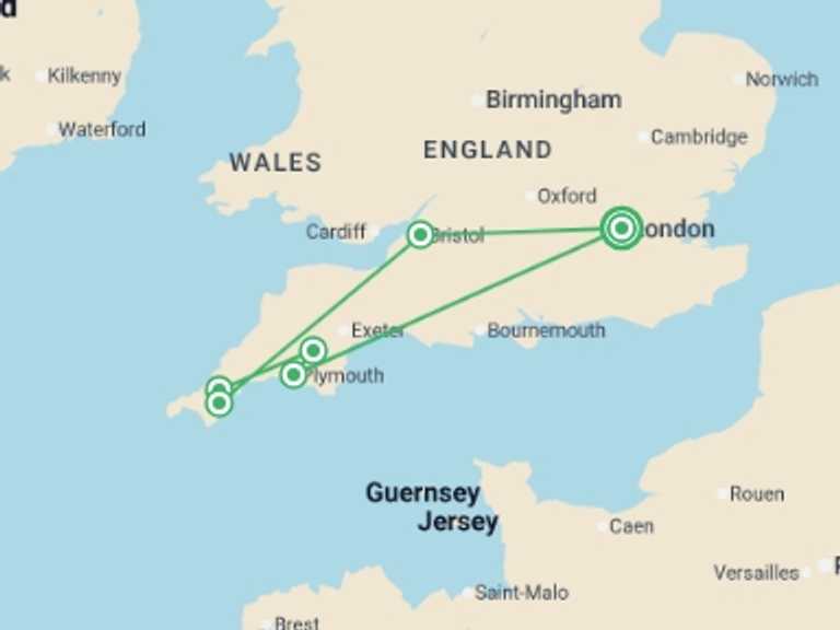 Map of England Tour with 6 destination visits for the trip: Devon and Cornwall Escape - Small Group