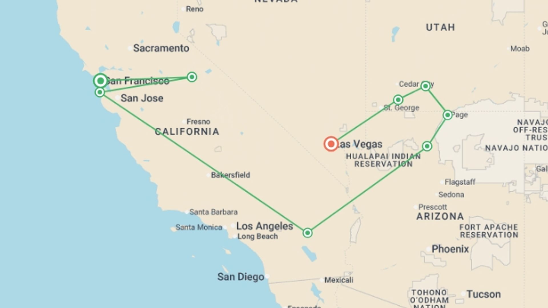 A map showing the tour itinerary for the trip: USA Road Trip — Yosemite, Canyons & Camping, starting in San Francisco, USA and ending in Las Vegas, USA going through 6 other destinations.