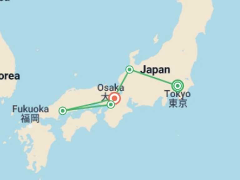Map of a Train Tour with 5 destination visits for the trip: Highlights of Japan