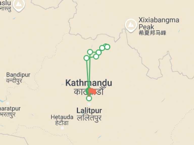 Map itinerary of Kathmandu Tour in September 2026 with 8 destination visits for the trip: Langtang Kyanjin Trek