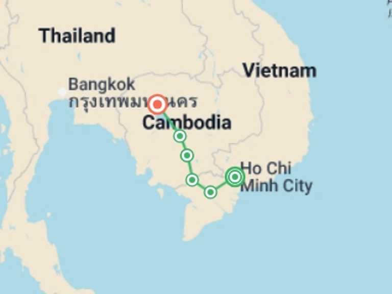 Map itinerary of Asia Tour in February 2027 with 7 destination visits for the trip: From the Mekong Delta to the Angkor Temples (port-to-port cruise)