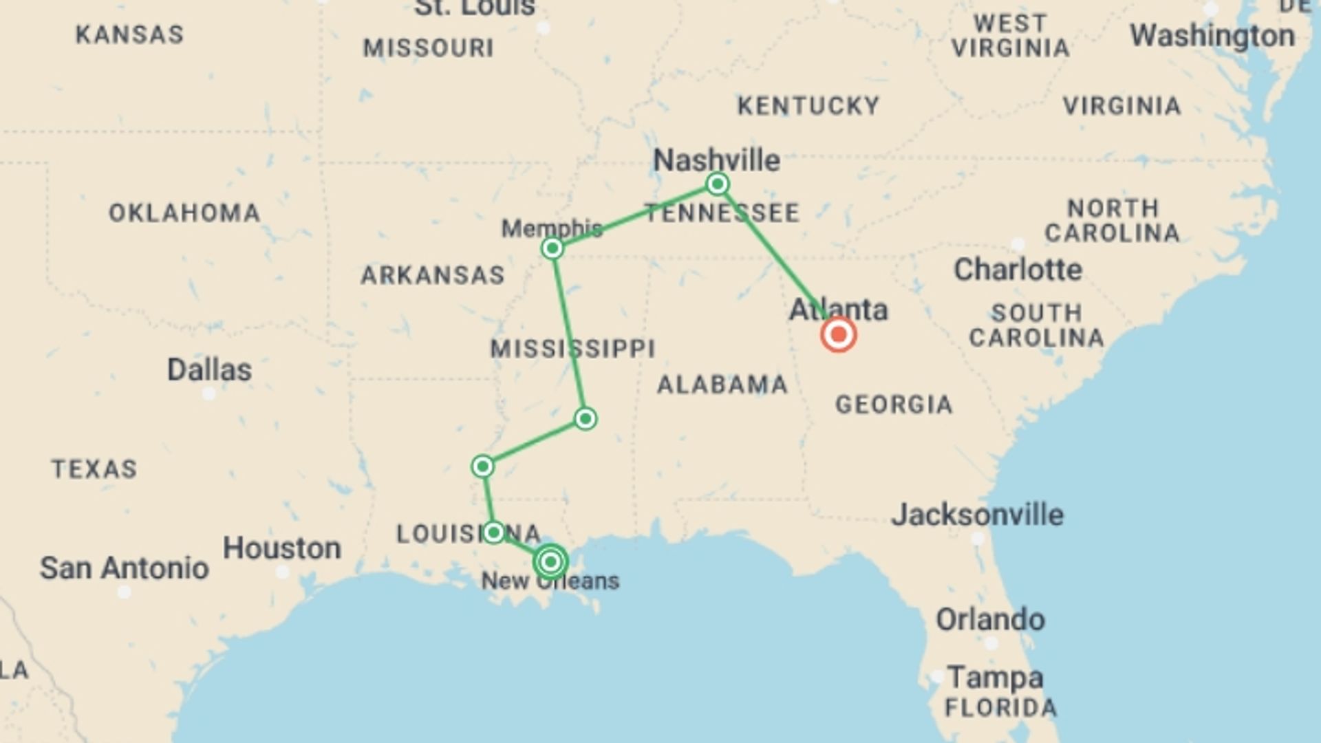 A map showing the tour itinerary for the trip: Rhythms of the South, starting in New Orleans, USA and ending in Atlanta, USA going through 5 other destinations.