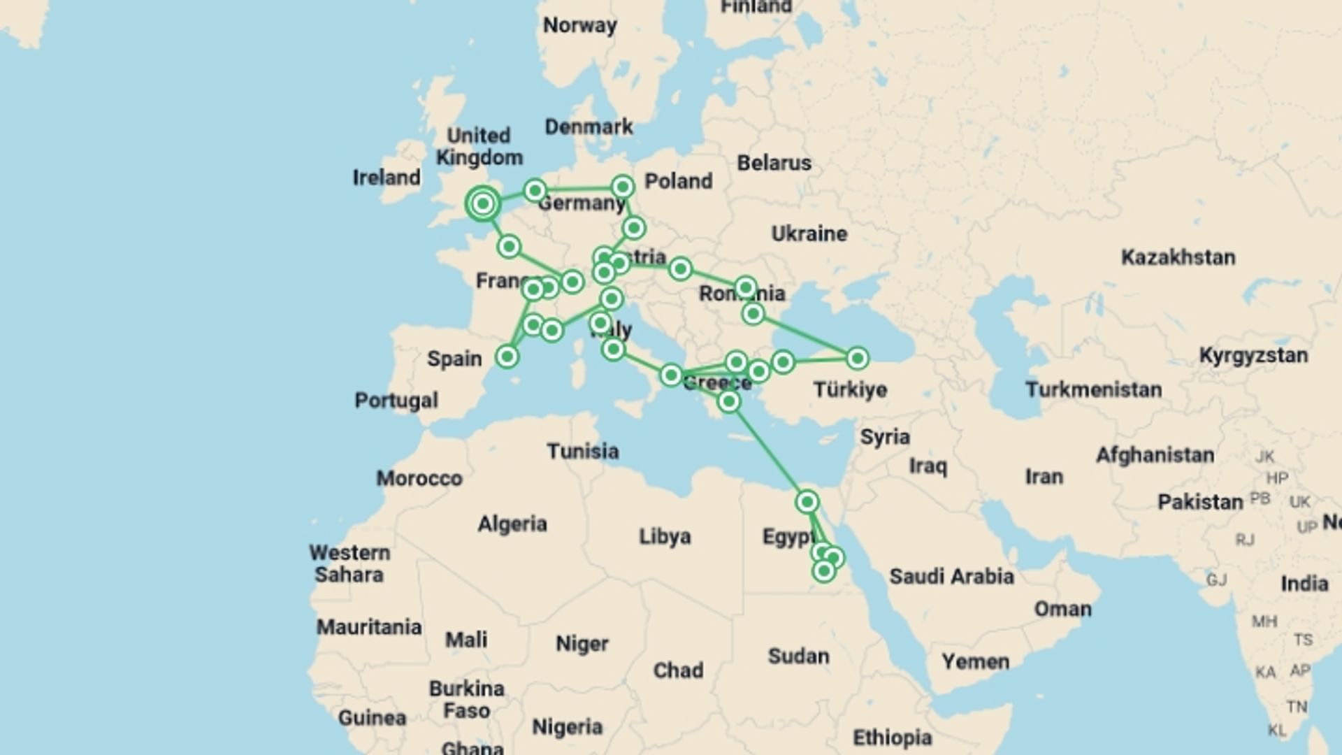 A map showing the tour itinerary for the trip: Ultimate European, starting in London, England and ending in London, England going through 26 other destinations.