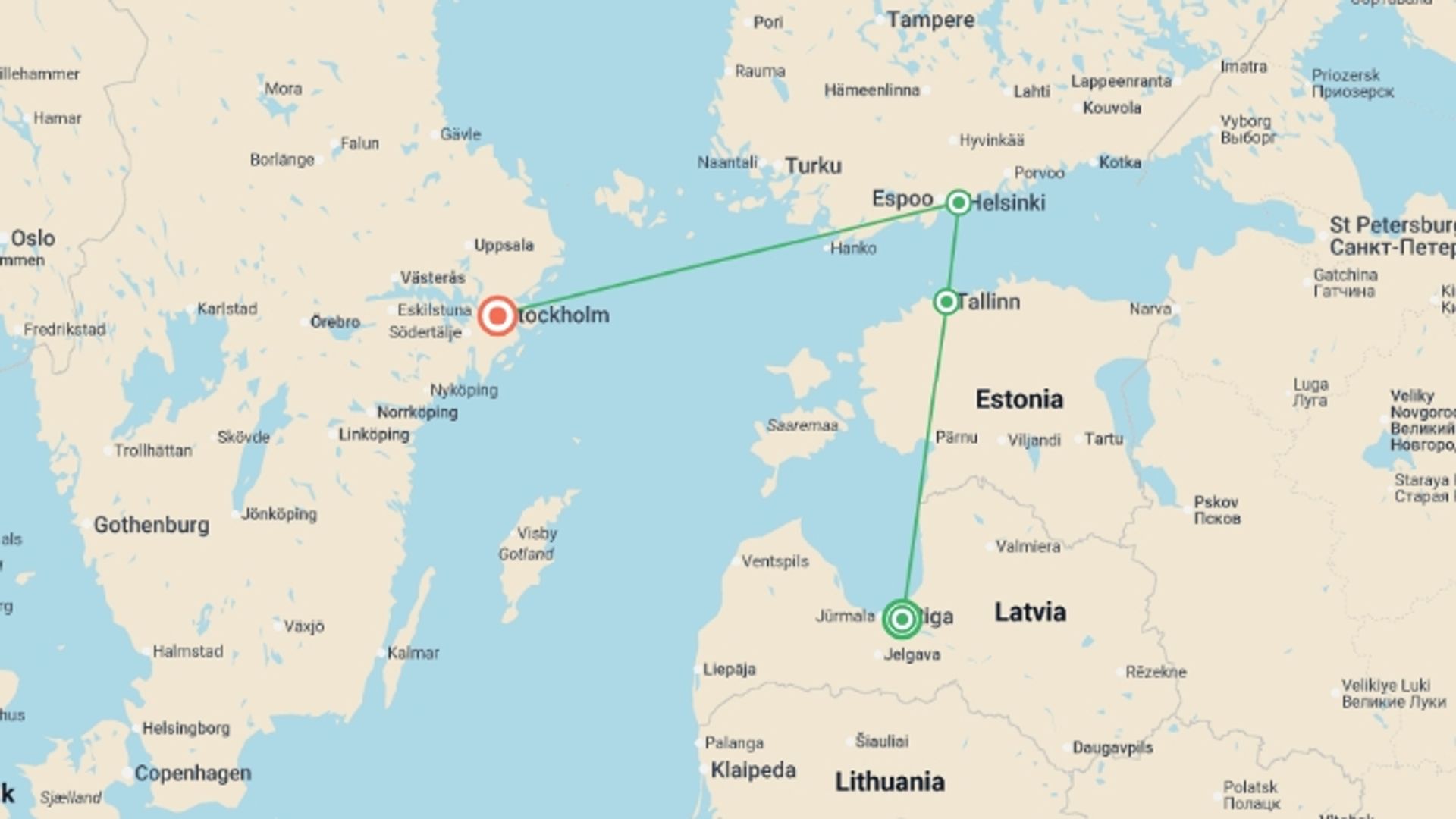 A map showing the tour itinerary for the trip: Baltics to the Nordics - 10 days, starting in Riga, Latvia and ending in Stockholm, Sweden going through 2 other destinations.