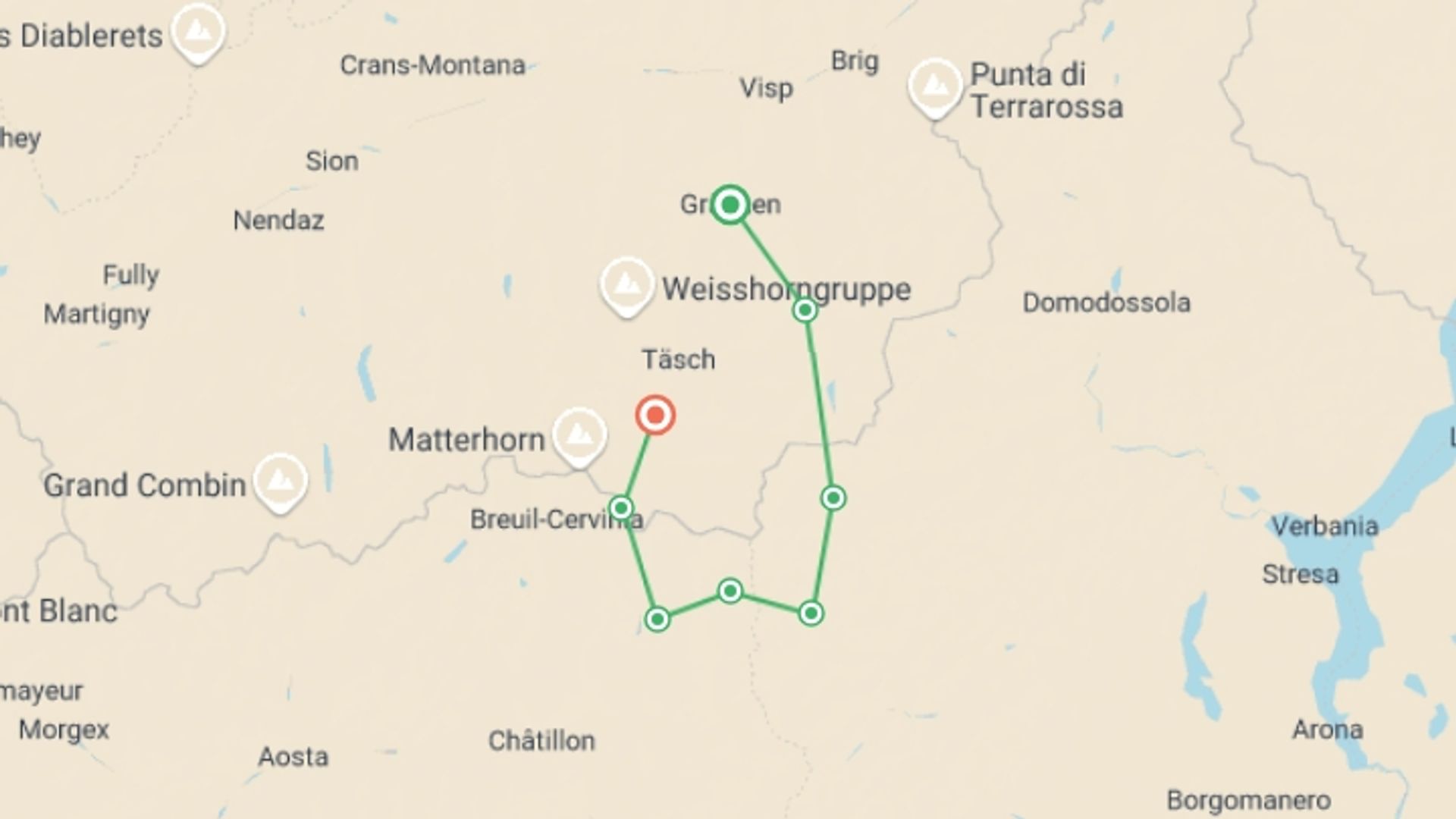 A map showing the tour itinerary for the trip: Tour de Monte Rosa Guided Hike, starting in Grächen, Switzerland and ending in Zermatt, Switzerland going through 6 other destinations.