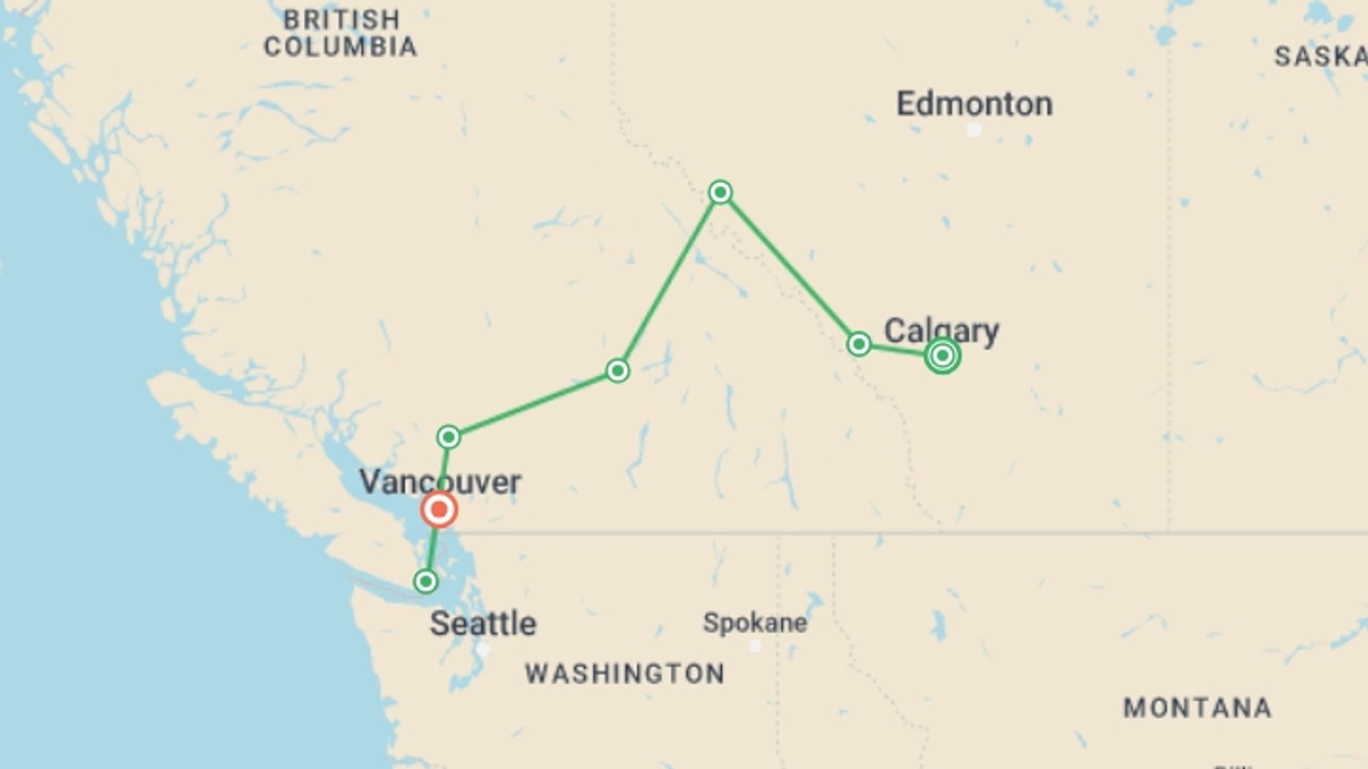 A map showing the tour itinerary for the trip: Rockies Trail, starting in Calgary, Canada and ending in Vancouver, Canada going through 7 other destinations.