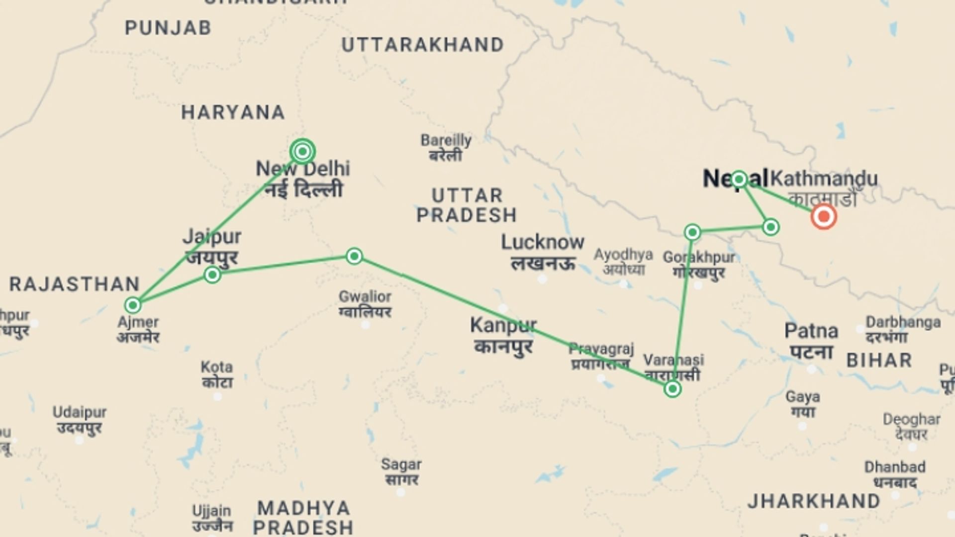 A map showing the tour itinerary for the trip: Delhi to Kathmandu: River Walks & Epic Wildlife, starting in New Delhi, India and ending in Kathmandu, Nepal going through 7 other destinations.