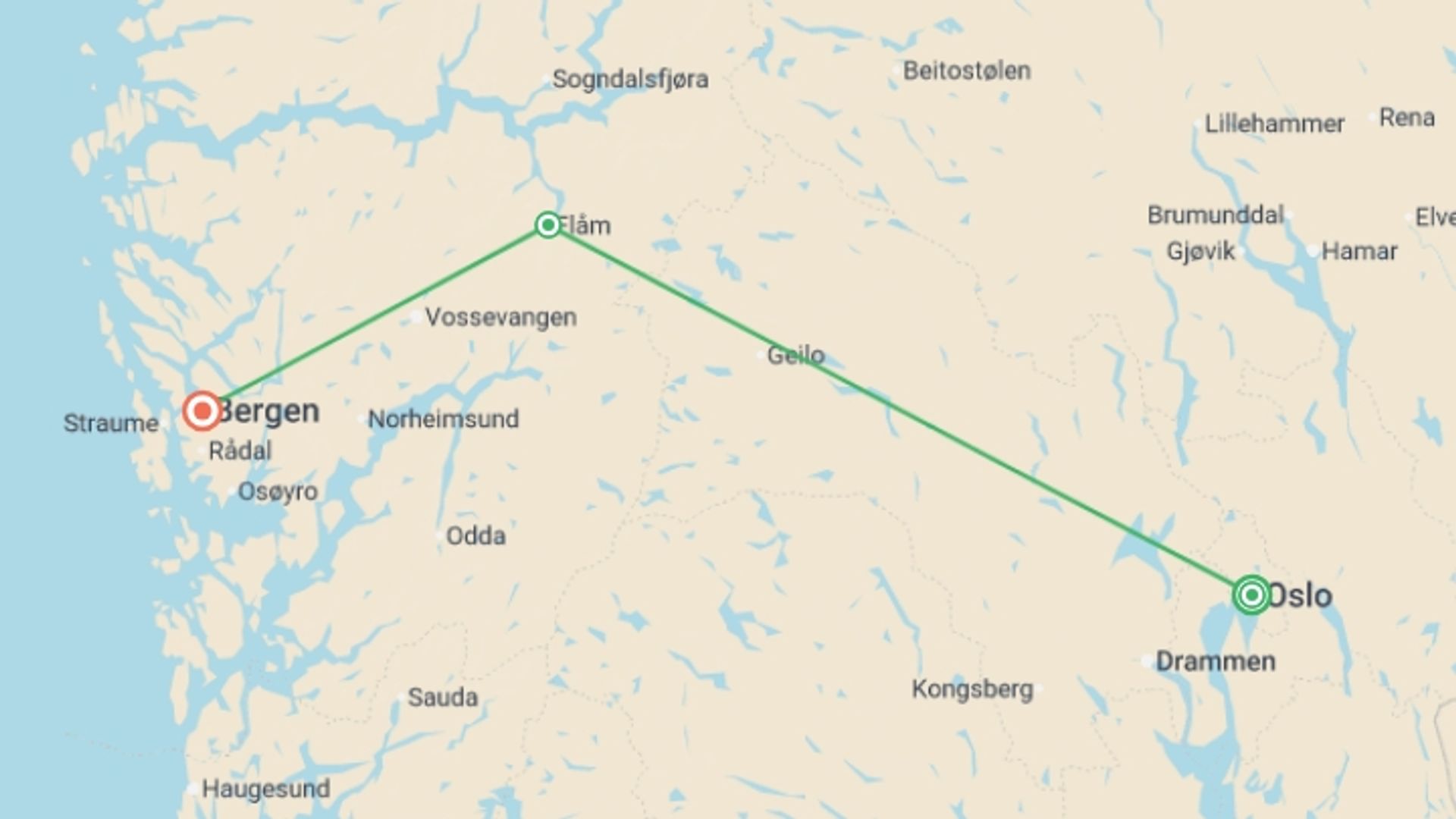 A map showing the tour itinerary for the trip: Vision of the Fjords - 7 days, starting in Oslo, Norway and ending in Bergen, Norway going through 1 other destinations.